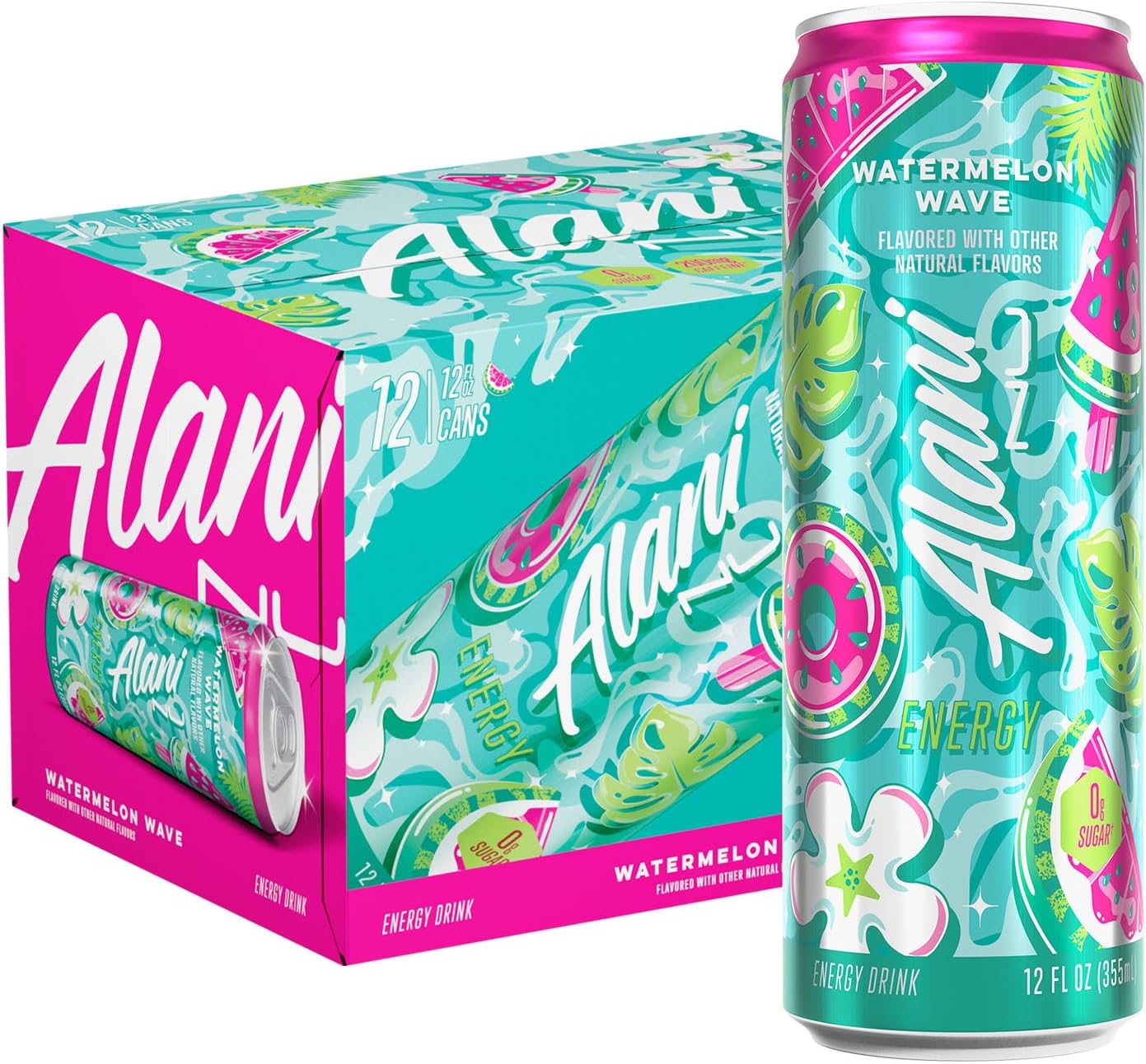 12 Pack- Alani Nu WATERMELON WAVE, Sugar Free, Low Calorie Energy Drinks, 200mg Caffeine, Biotin, B Vitamins, Zero Sugar, 10 Calories, 12 Fl Oz Cans