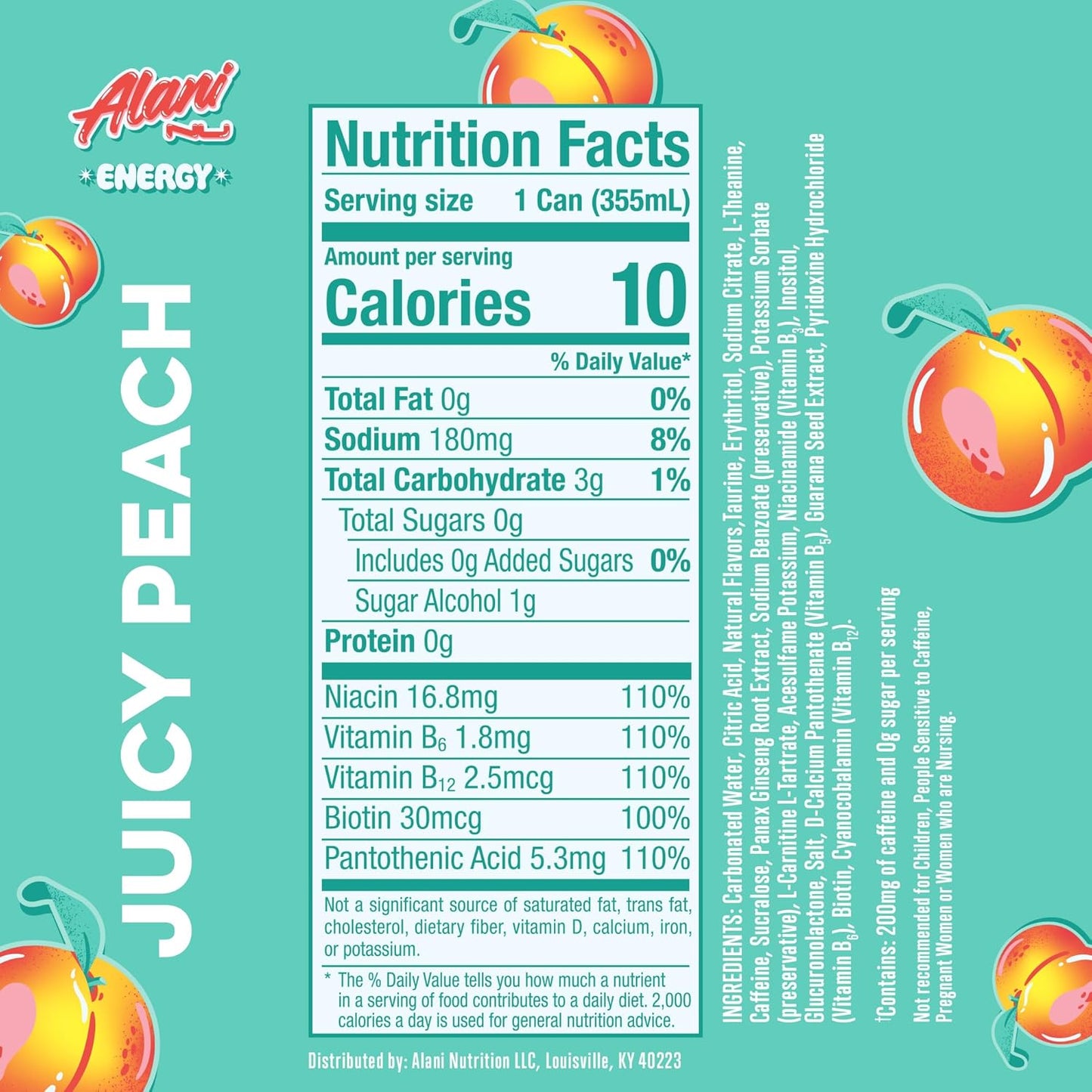 24 Pack- Alani Nu JUICY PEACH, Sugar Free, Low Calorie Energy Drinks, 200mg Caffeine, Biotin, B Vitamins, Zero Sugar, 10 Calories, 12 Fl Oz Cans