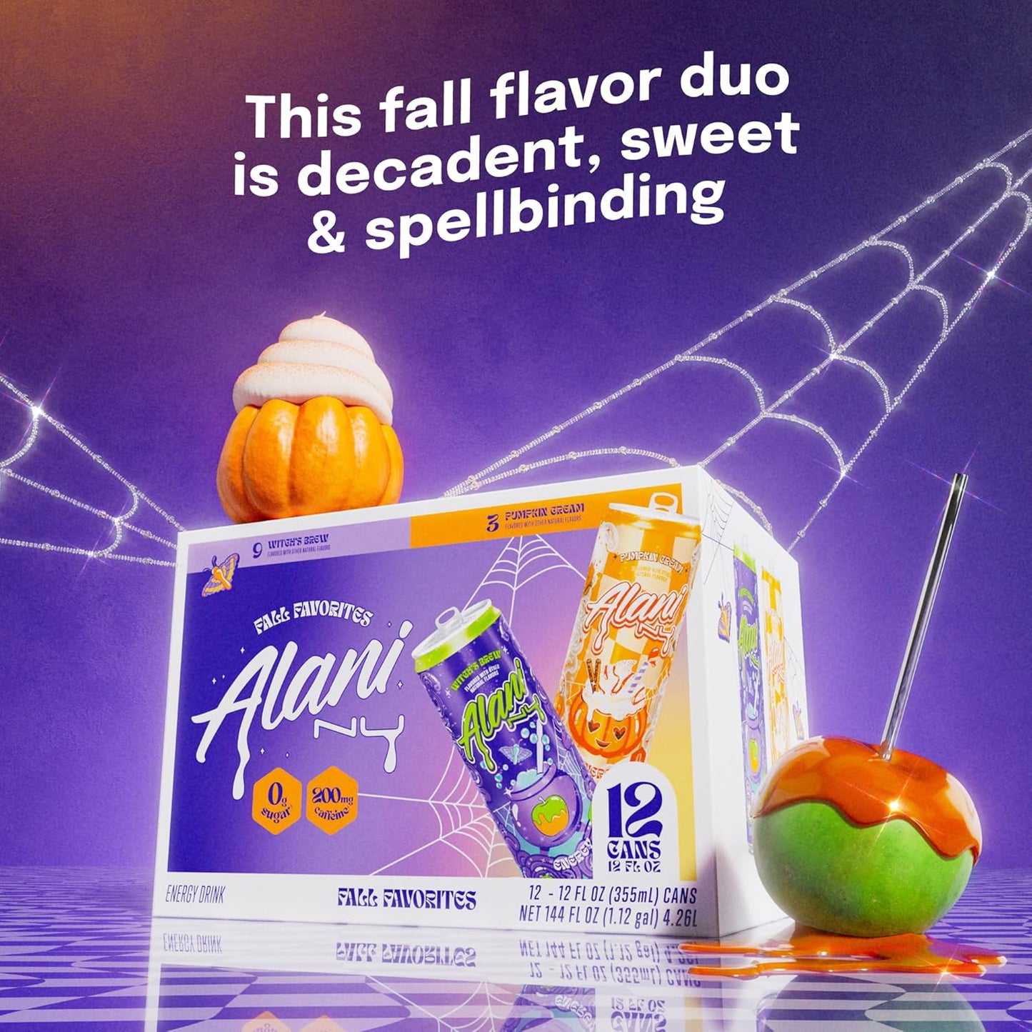 (12 Pack)Alani Nu VARIETY PACK - WITCH'S BREW & PUMPKIN CREAM Sugar Free, Low Calorie Energy Drinks, 200mg Caffeine, Antioxidants, Biotin B Vitamins, Zero Sugar, 15 Calories or Less, 12 Fl Oz Cans