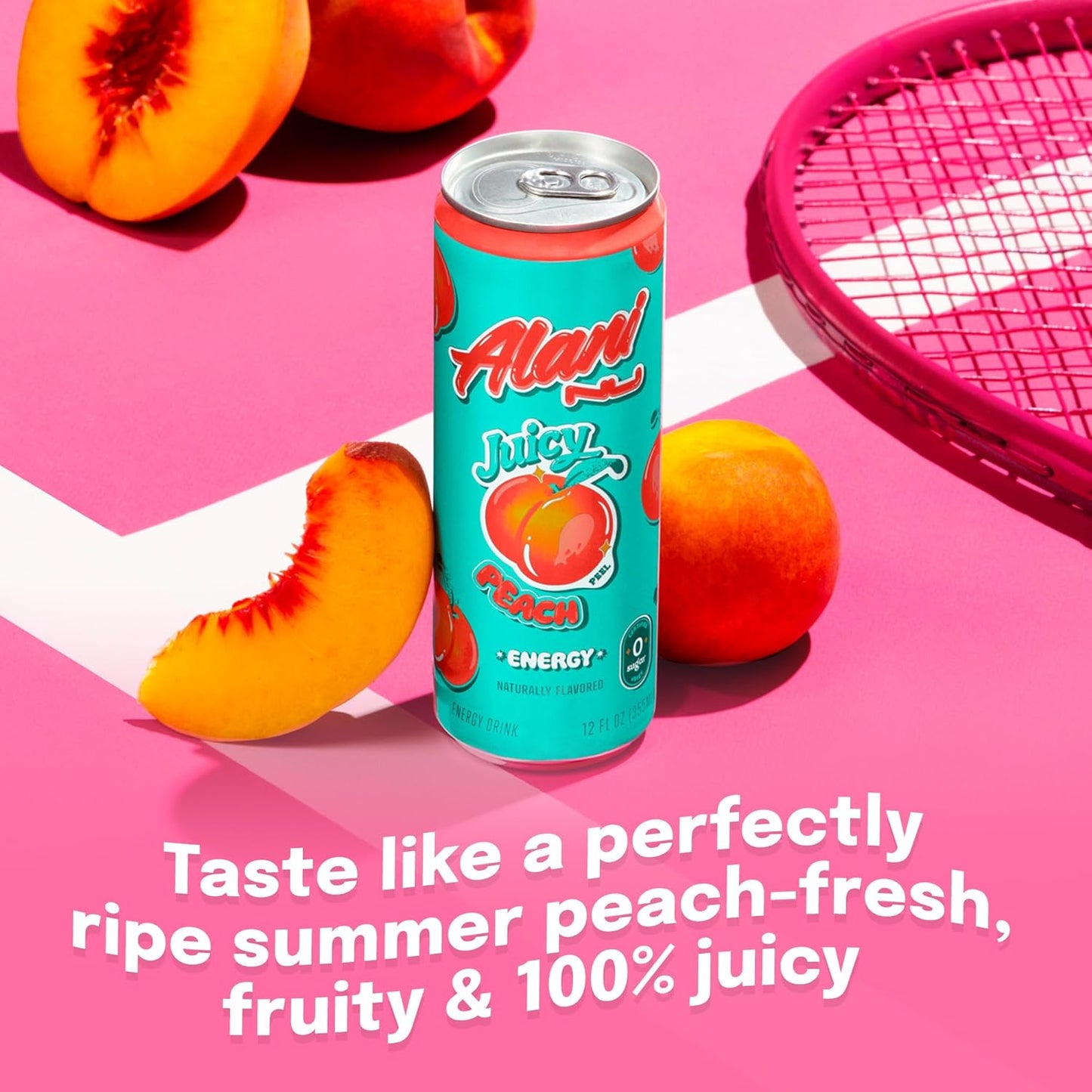 24 Pack- Alani Nu JUICY PEACH, Sugar Free, Low Calorie Energy Drinks, 200mg Caffeine, Biotin, B Vitamins, Zero Sugar, 10 Calories, 12 Fl Oz Cans