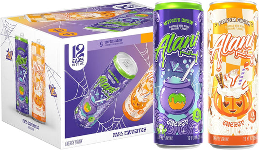 (12 Pack)Alani Nu VARIETY PACK - WITCH'S BREW & PUMPKIN CREAM Sugar Free, Low Calorie Energy Drinks, 200mg Caffeine, Antioxidants, Biotin B Vitamins, Zero Sugar, 15 Calories or Less, 12 Fl Oz Cans