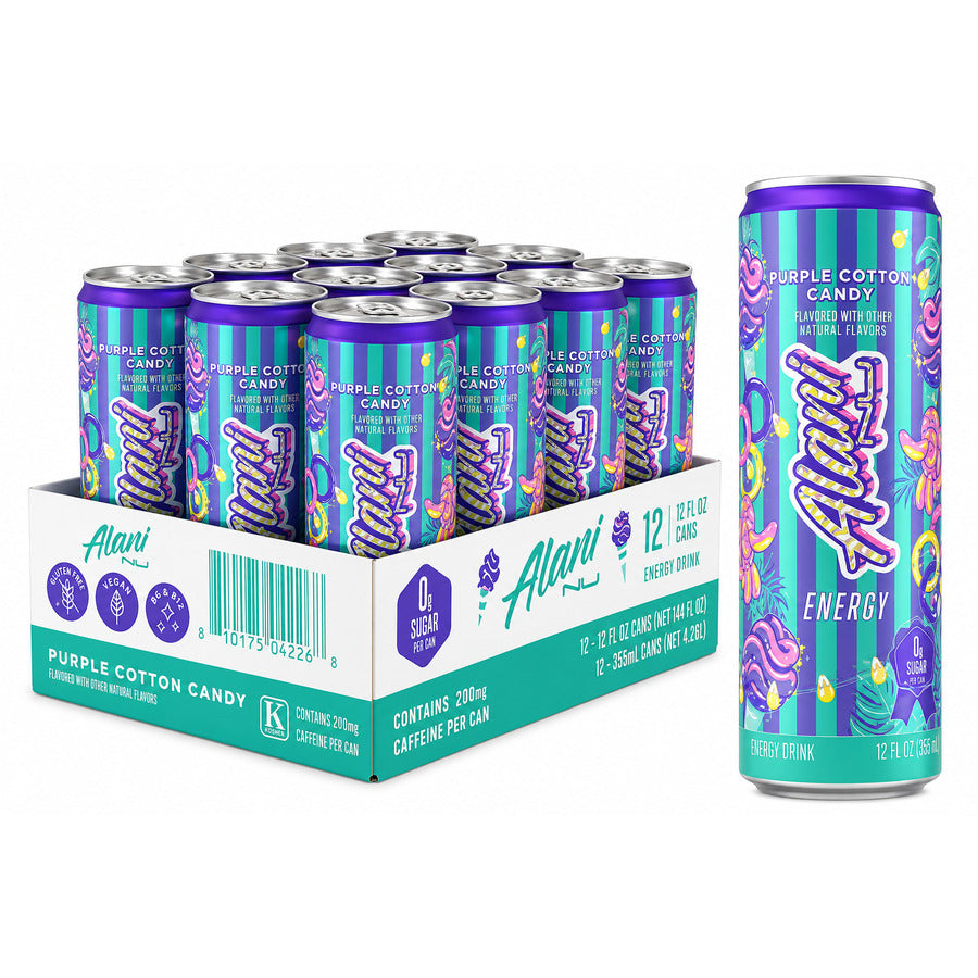 NeW Alani Nu Energy Drink - Purple Cotton Candy (12 Drinks, 12 Fl Oz. Each)