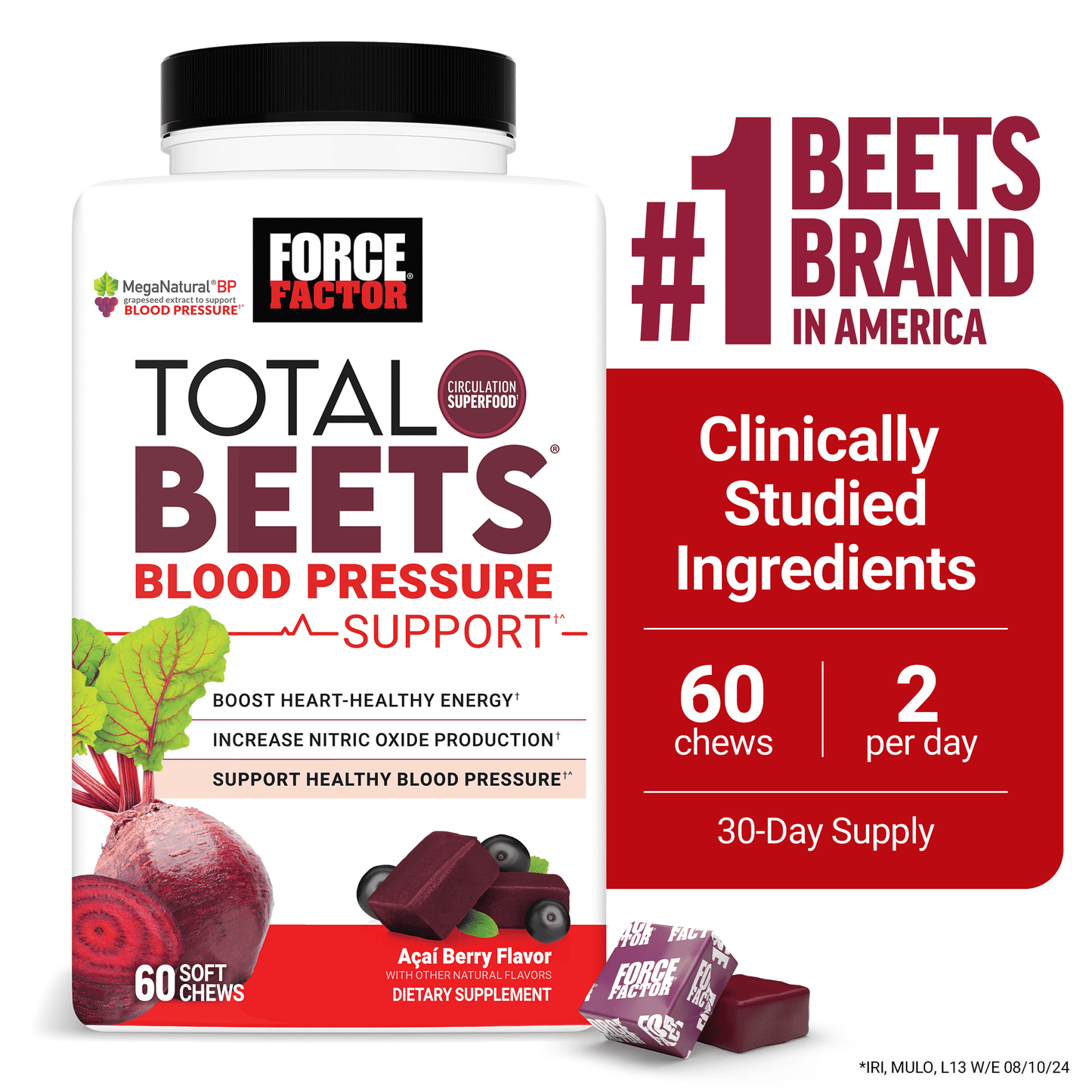 Force Factor- Total Beets Blood Pressure Support Soft Chews, Beetroot Gummies Alternative, Beet Supplement (60 Chews)