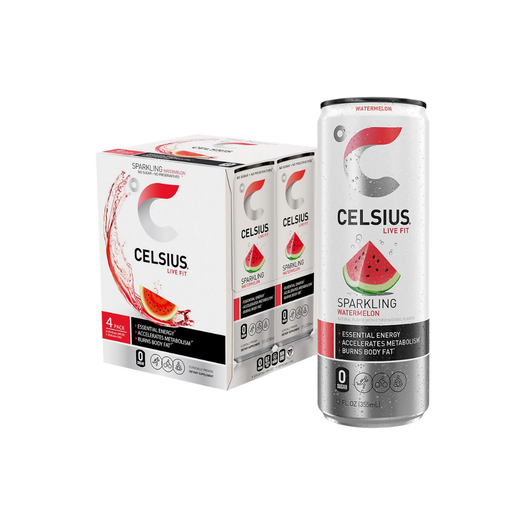 Celsius Sparkling Energy Drink - No Sugar or Preservatives - Watermelon (4 Drinks, 12 Fl Oz. Each)