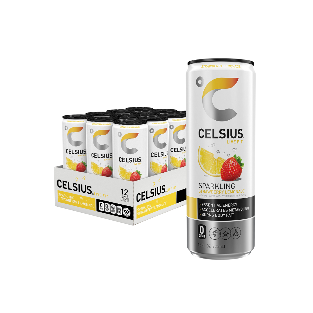 Celsius Sparkling Energy Drink - No Sugar or Preservatives - Strawberry Lemonade (12 Drinks, 12 Fl Oz. Each)