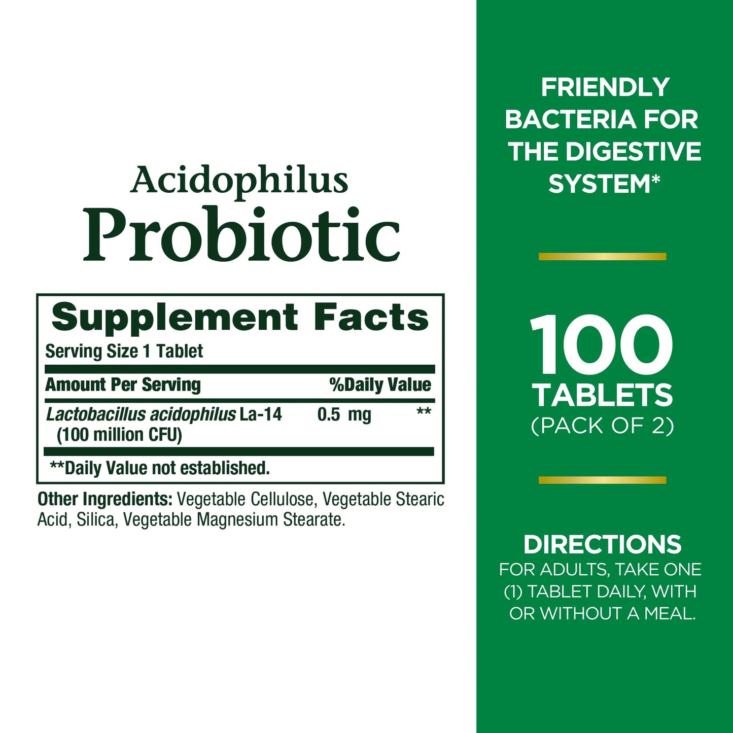 Nature's Bounty Acidophilus Probiotic Tablets for Men and Women, Digestive Health Supplement, 100 Ct ( 2 Pack )
