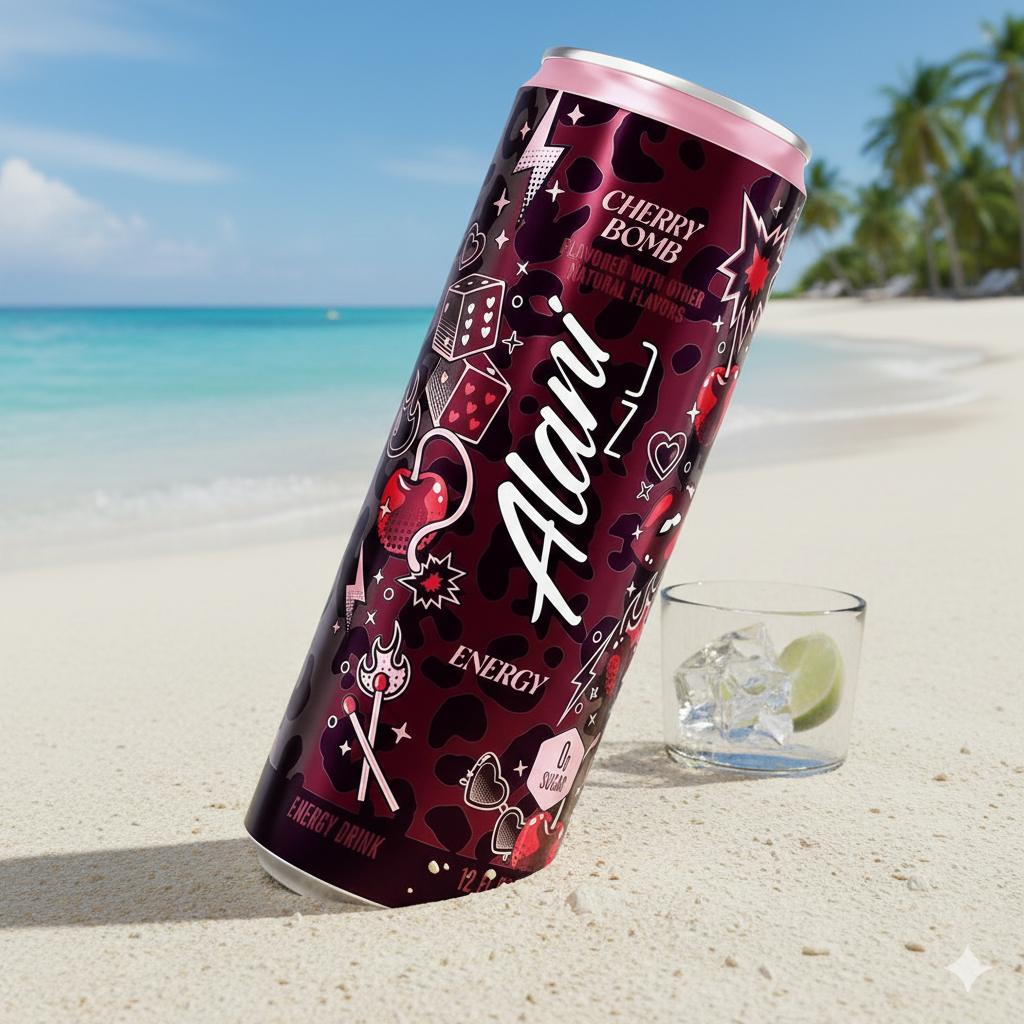Alani Nu Energy Drink- Cherry Bomb- Handle Slim Can with Holder- 3 Drinks 12 Fl Oz Each Perfect for On-the-Go Energy Boost