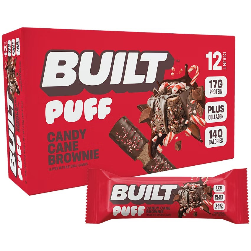 NEW!! NEW!! Built Puff Protein Bar - 17g Protein, 140 Calories, Candy Cane Brownie Flavor, 12 Bars, Plus Collagen, High Protein Snack