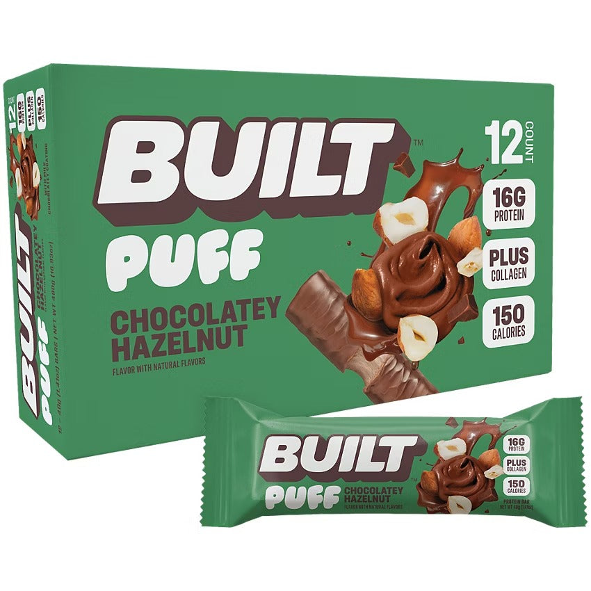 NEw!! Built Puff Protein Bar- Chocolatey Hazelnut - 12 Bars- 16g Protein - Plus Collagen - 150 Calories - Natural Flavors