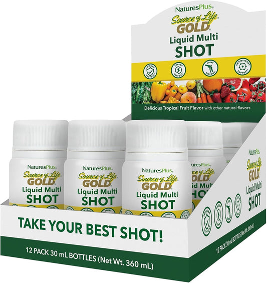 Display of Natures Plus Source of Life Gold Liquid Multi Shot bottles with packaging.
