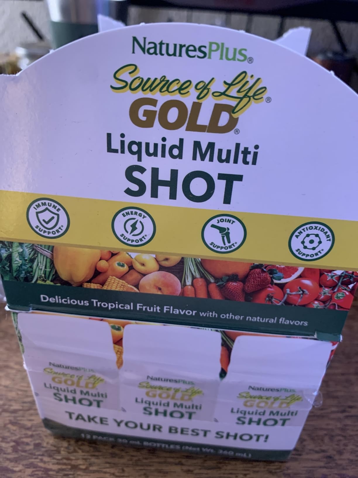 NaturesPlus Source of Life Gold Liquid Multi Shot - 1 fl oz, Case of 12 - Tropical Fruit Flavor - Provides Nutrients from 100+ Fruits and Vegetables - 12 Servings