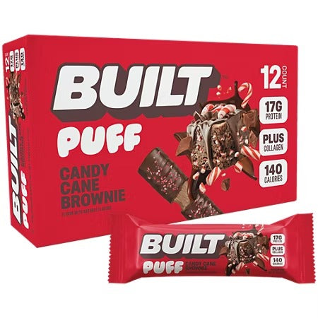 NEW!! NEW!! Built Puff Protein Bar - 17g Protein, 140 Calories, Candy Cane Brownie Flavor, 12 Bars, Plus Collagen, High Protein Snack