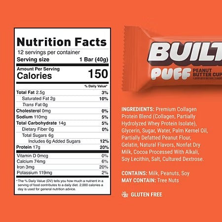 Built Puff Protein Bar - 17g Protein - Peanut Butter Cup (12 Bars)