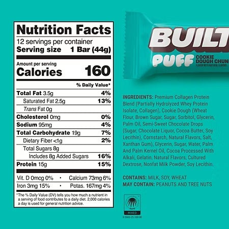 Built Puff Protein Bar - 15g Protein - Cookie Dough Chunk (12 Bars)