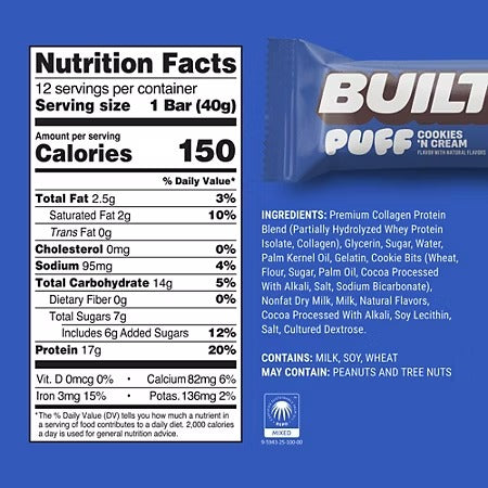 Built Puff Protein Bar - 15g Protein - Cookies 'N Cream (12 Bars)