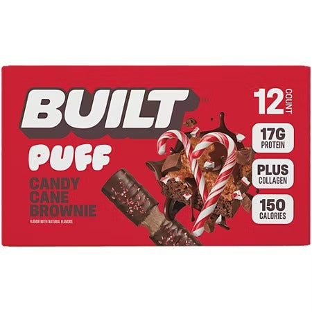 NEW!! NEW!! Built Puff Protein Bar - 17g Protein, 140 Calories, Candy Cane Brownie Flavor, 12 Bars, Plus Collagen, High Protein Snack