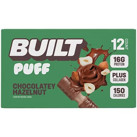 NEw!! Built Puff Protein Bar- Chocolatey Hazelnut - 12 Bars- 16g Protein - Plus Collagen - 150 Calories - Natural Flavors